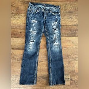 Silver distressed bootcut jeans